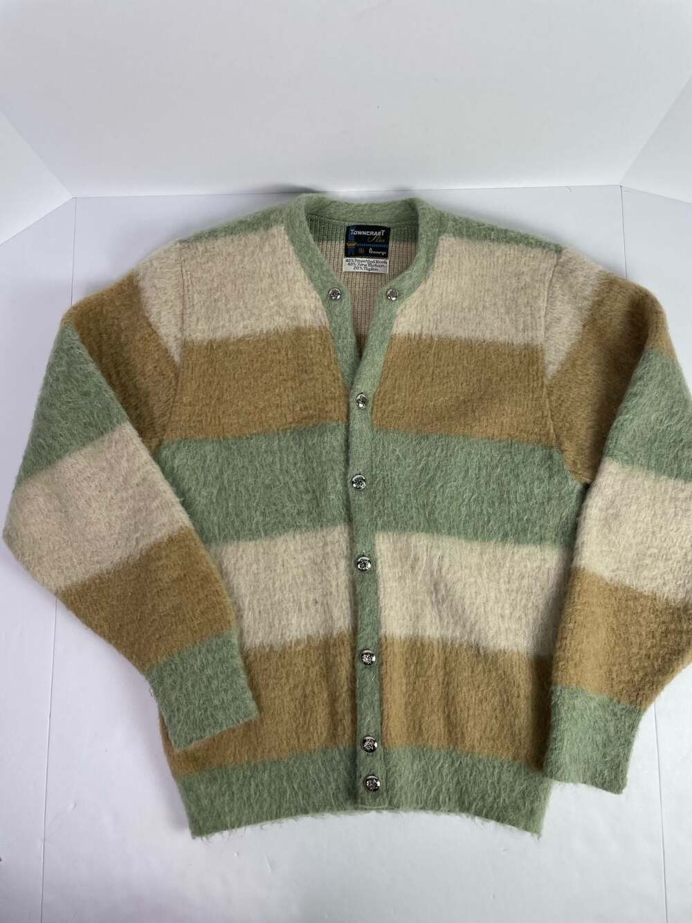 Vintage Towncraft Plus Penneys Mohair Blend Striped Cardigan Sweater Size S